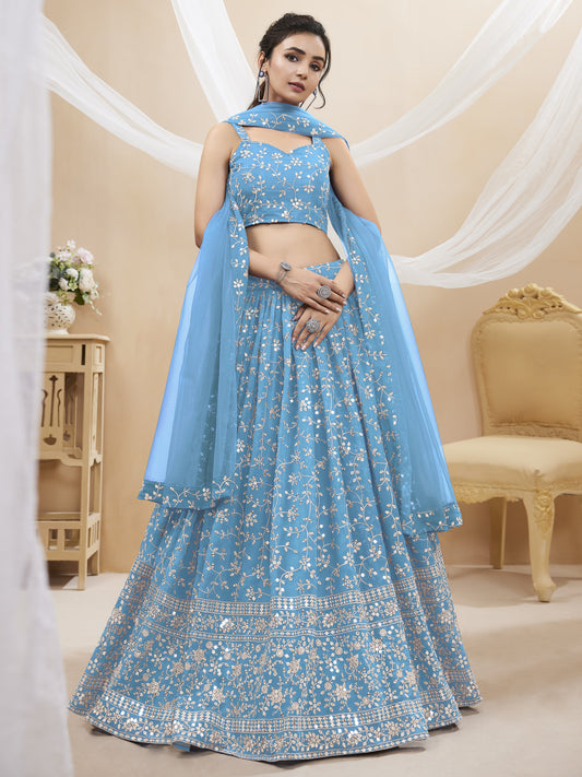 Sky Blue Zari Embroidered Georgette Lehenga Choli Set for Weddings