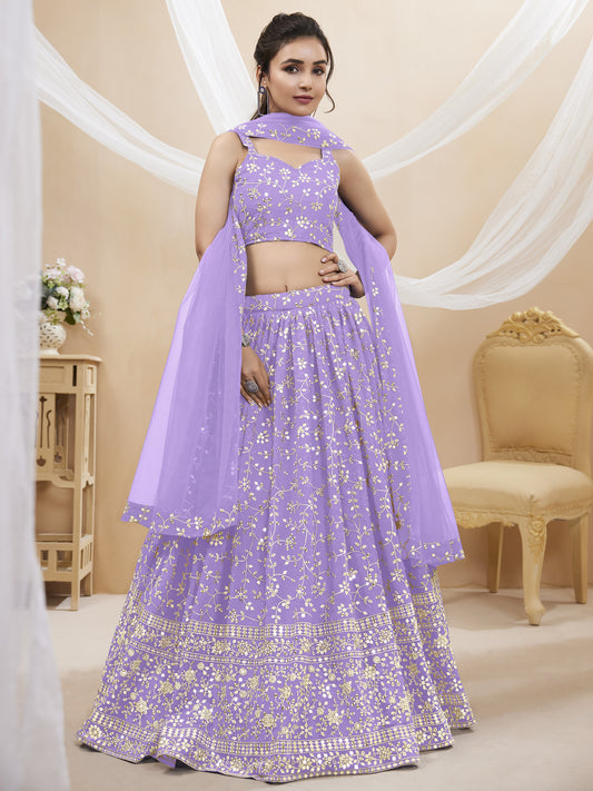 Lavender Zari Embroidered Georgette Lehenga Choli Set for Wedding