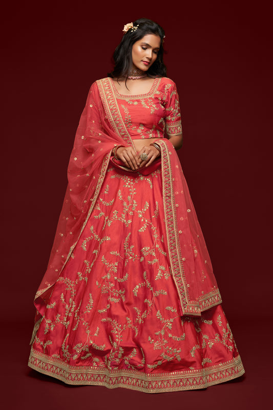 Coral Red Bridal Embroidered Lehenga Choli with Net Dupatta