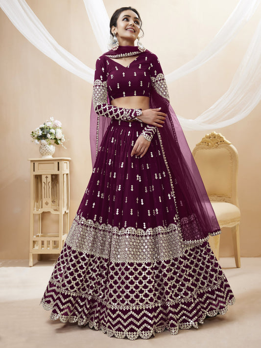 Wine Sequins Zari Embroidered Work Lehenga Choli Set for wedding and reception