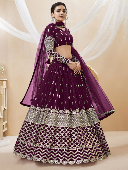 Wine Sequins Zari Embroidered Work Lehenga Choli Set for wedding and reception