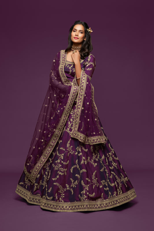 Plum Purple Bridal Embroidered Lehenga Choli with Net Dupatta
