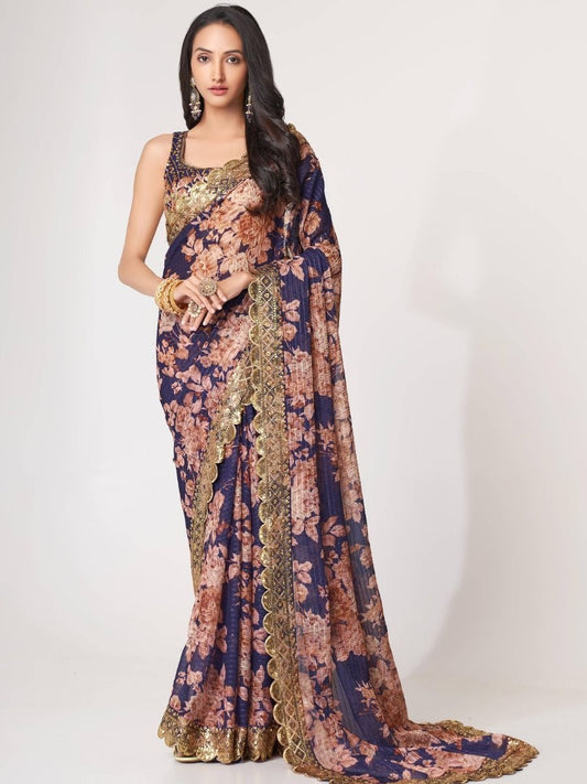Navy Blue Floral Designer Saree with Golden Embroidery