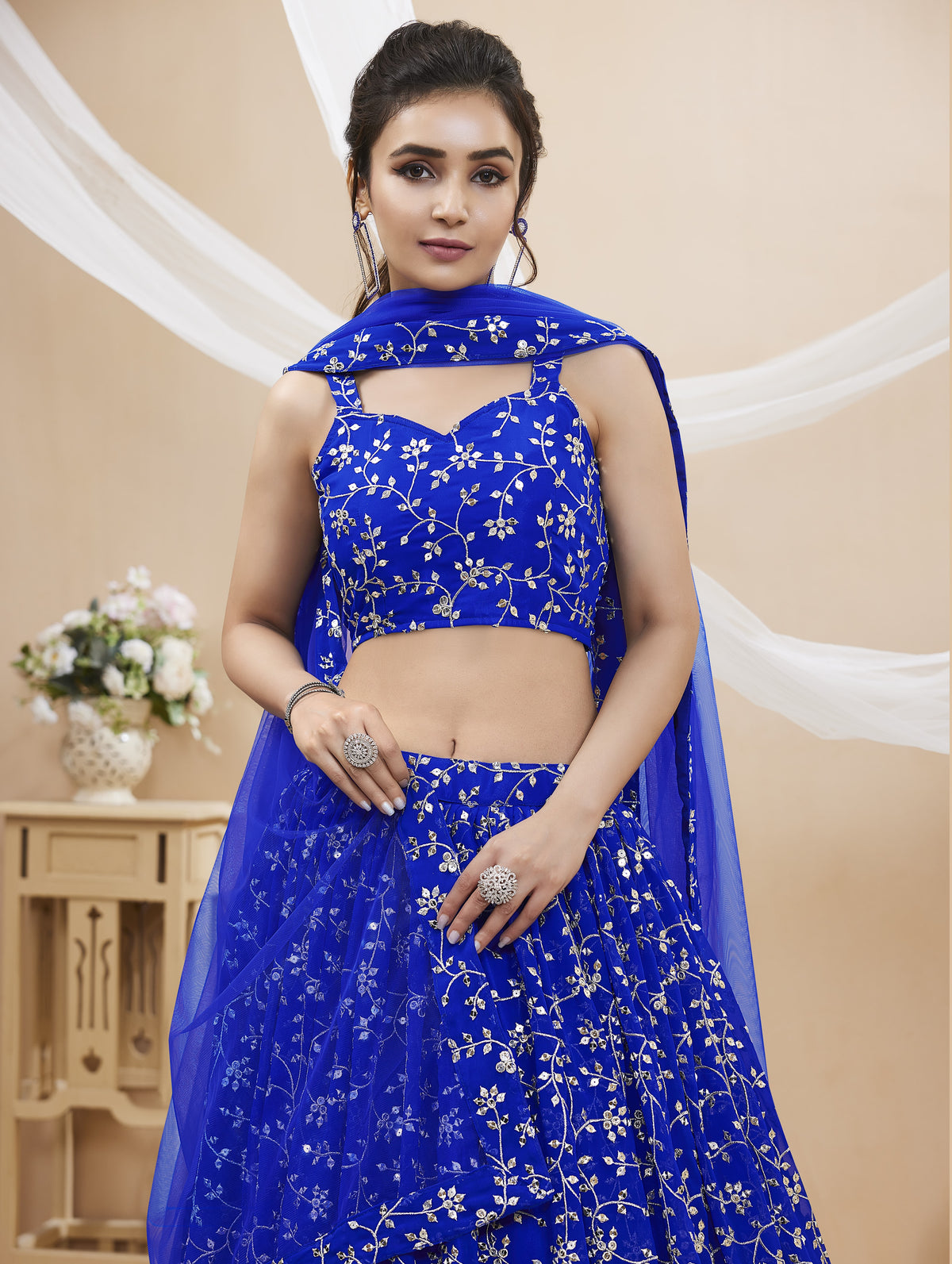 Royal Blue Embroidered Georgette Lehenga Choli with Dupatta for party