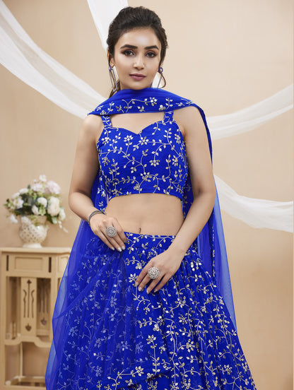 Royal Blue Embroidered Georgette Lehenga Choli with Dupatta for party