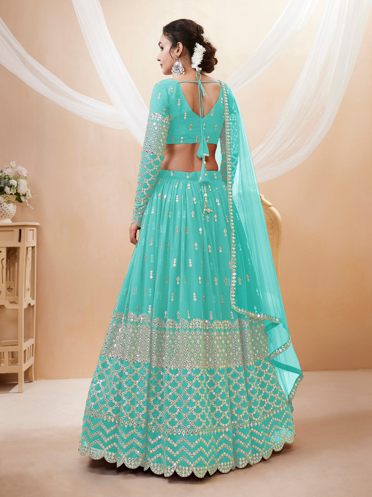 Aqua Blue Sequins Zari Embroidered Work Lehenga Choli Set for wedding and reception
