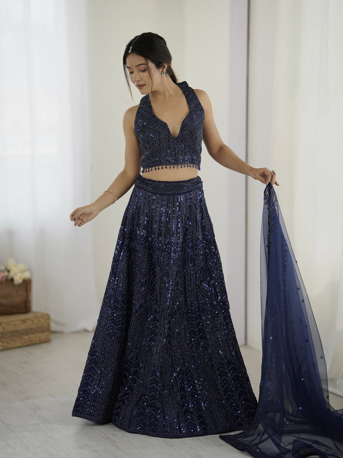 Navy Blue Sequin Lehenga Set for wedding