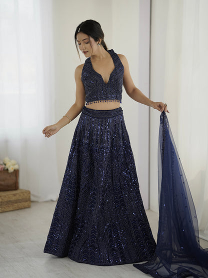 Navy Blue Sequin Lehenga Set for wedding
