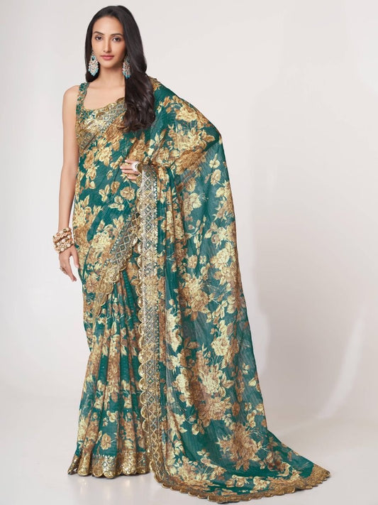 Bottle Green Floral Designer Saree with Golden Embroidery