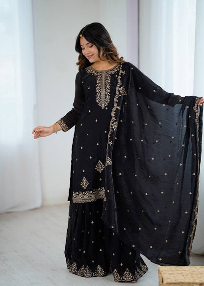 Party Wear Indian Black Embroidered Sharara Suit with Dupatta