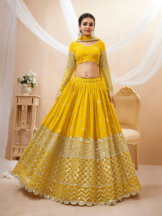 Yellow Sequins Zari Embroidered Work Lehenga Choli Set for wedding and reception