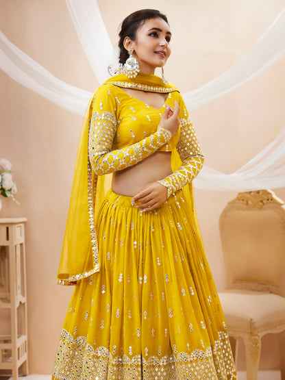 Yellow Sequins Zari Embroidered Work Lehenga Choli Set for wedding and reception