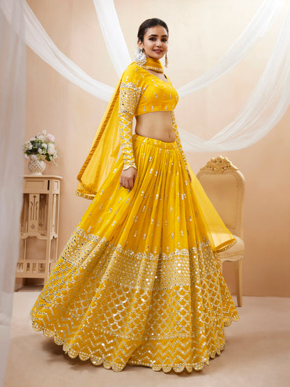 Yellow Sequins Zari Embroidered Work Lehenga Choli Set for wedding and reception