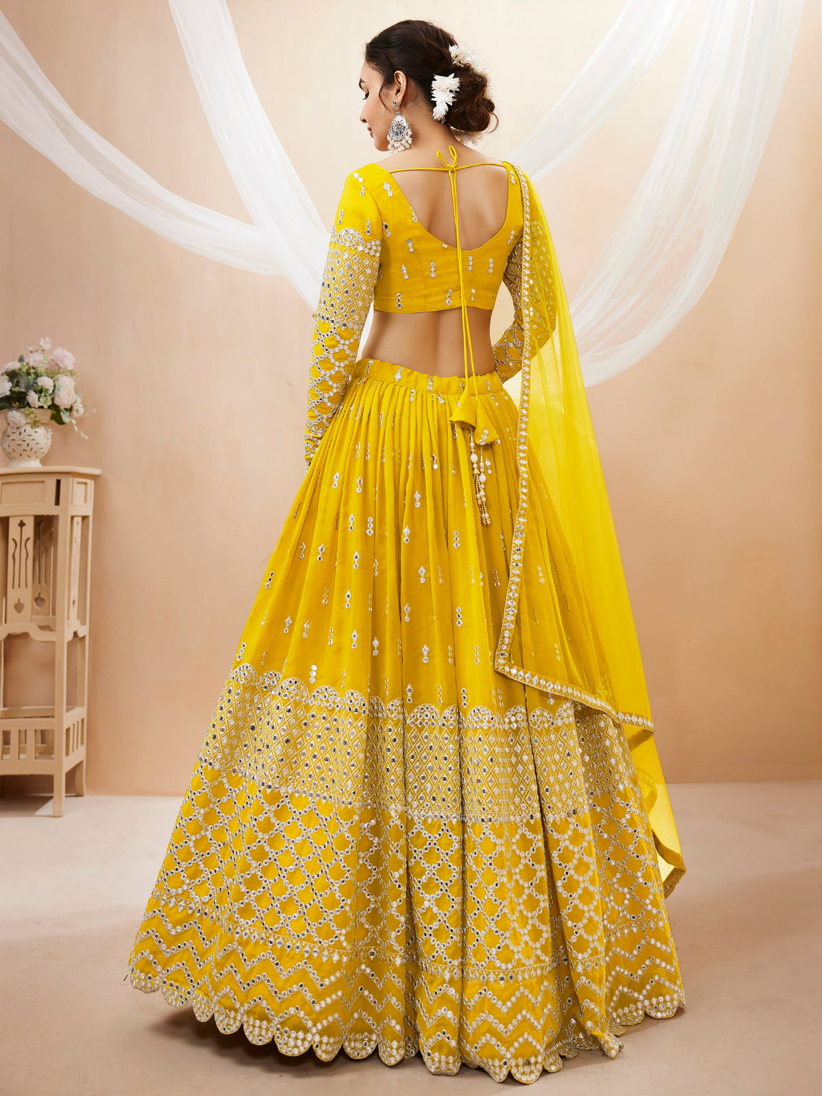 Yellow Sequins Zari Embroidered Work Lehenga Choli Set for wedding and reception