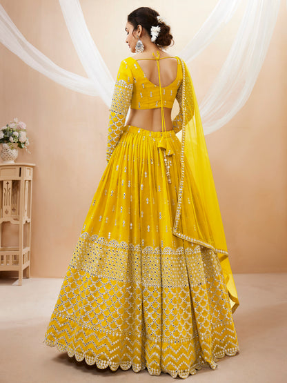 Yellow Sequins Zari Embroidered Work Lehenga Choli Set for wedding and reception