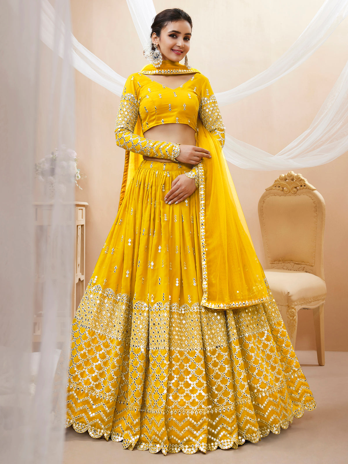 Yellow Sequins Zari Embroidered Work Lehenga Choli Set for wedding and reception