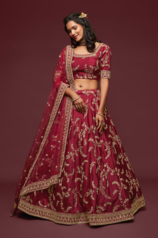 Wine Red Embroidered Bridal Lehenga Choli with Net Dupatta