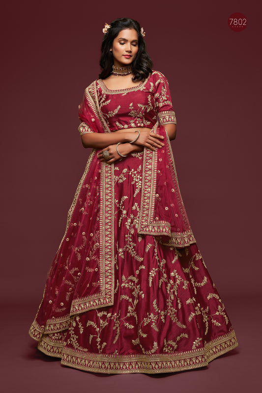 Wine Red Embroidered Bridal Lehenga Choli with Net Dupatta