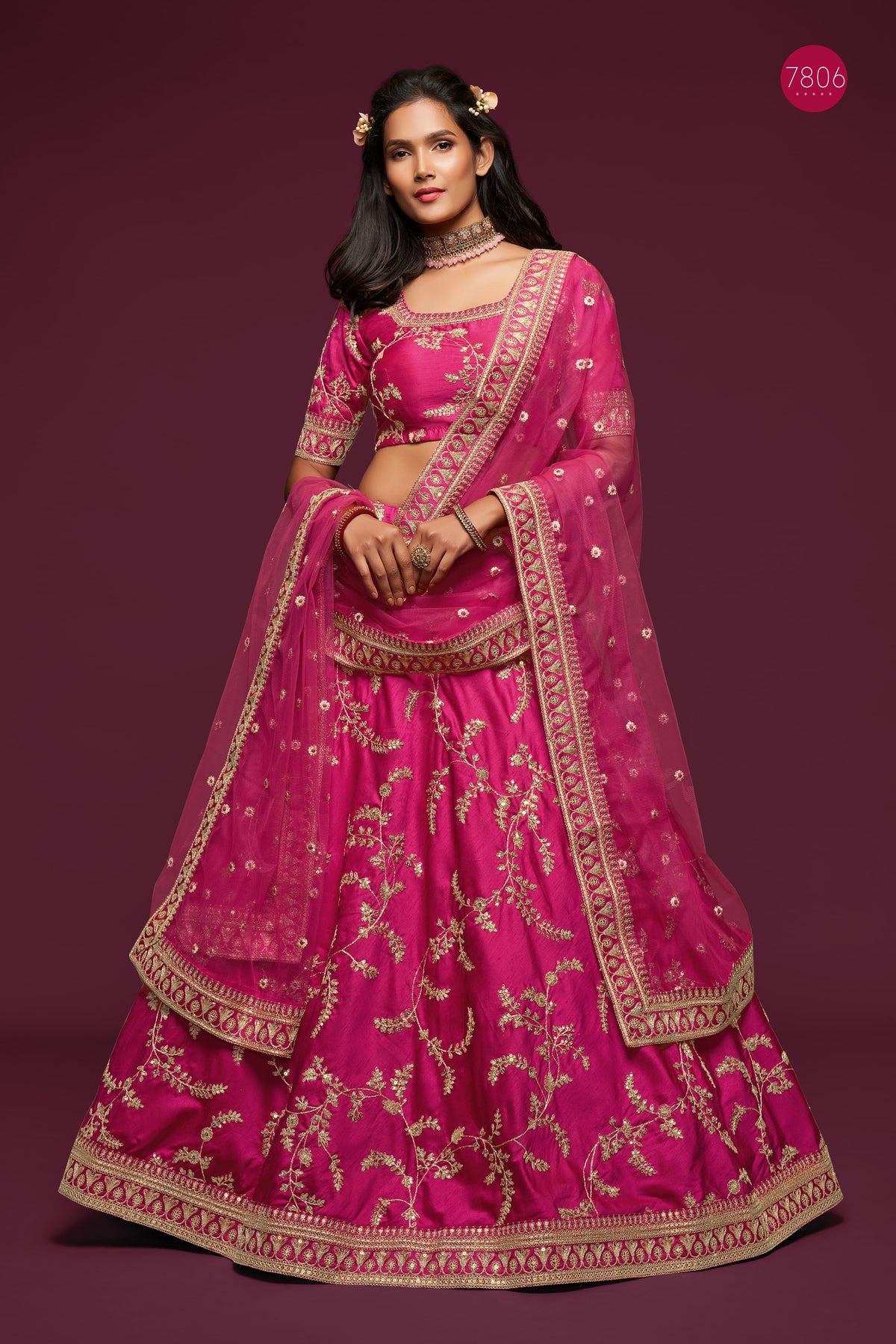 Hot Pink Embroidered Lehenga Choli Set with Net Dupatta