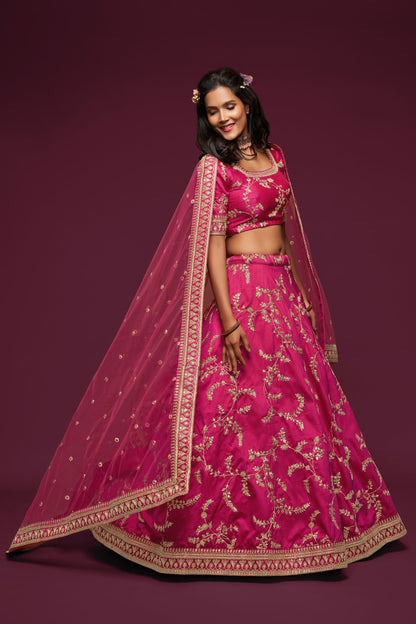 Hot Pink Embroidered Lehenga Choli Set with Net Dupatta