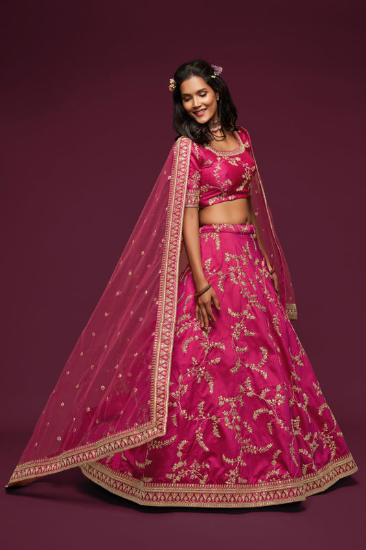 Hot Pink Embroidered Lehenga Choli Set with Net Dupatta
