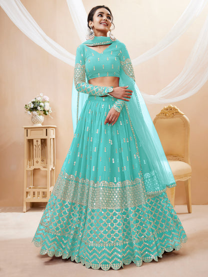 Aqua Blue Sequins Zari Embroidered Work Lehenga Choli Set for wedding and reception