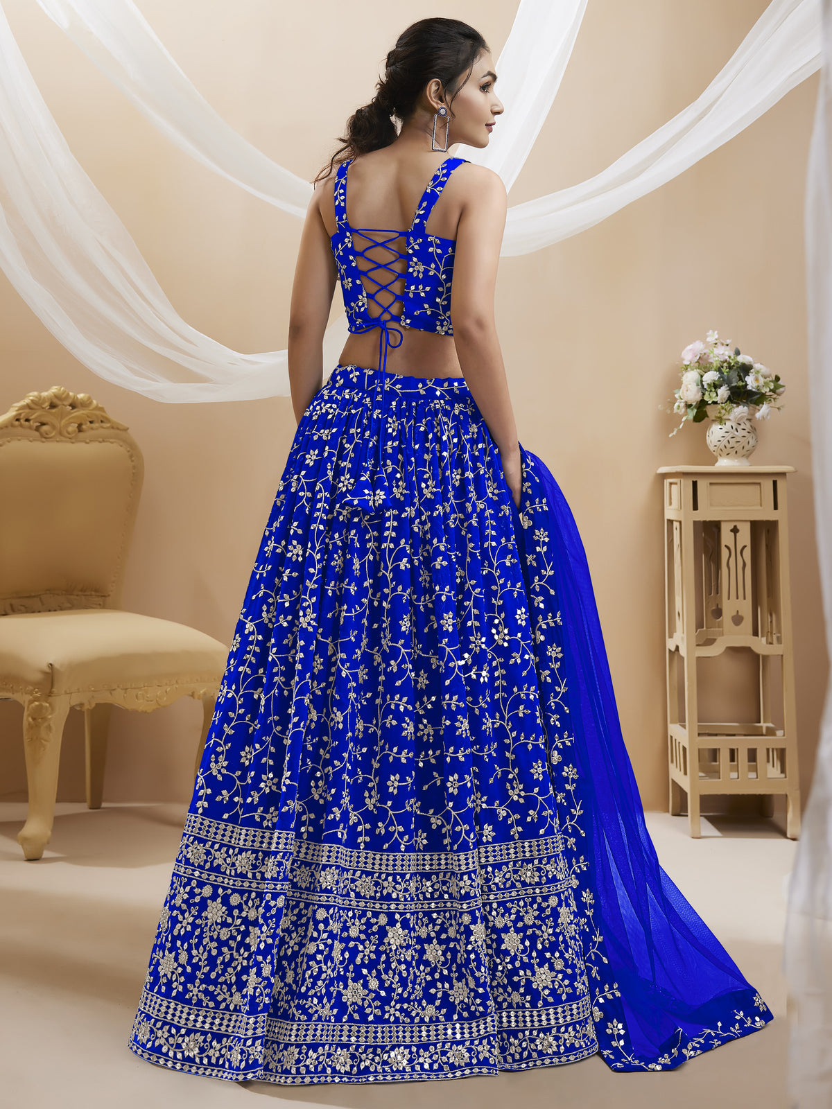 Royal Blue Embroidered Georgette Lehenga Choli with Dupatta for party
