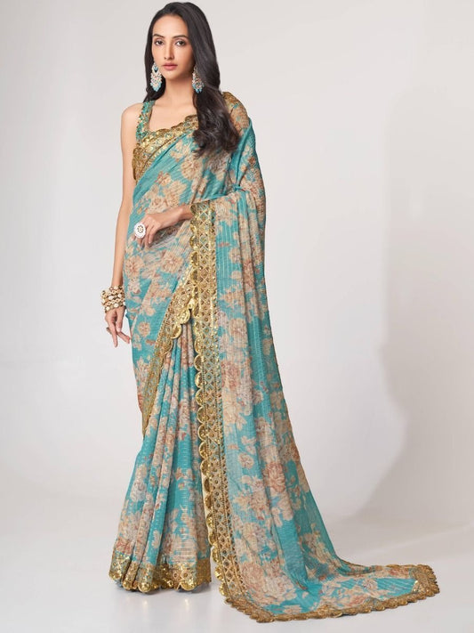 Turquoise Blue Floral Designer Saree with Golden Embroidery
