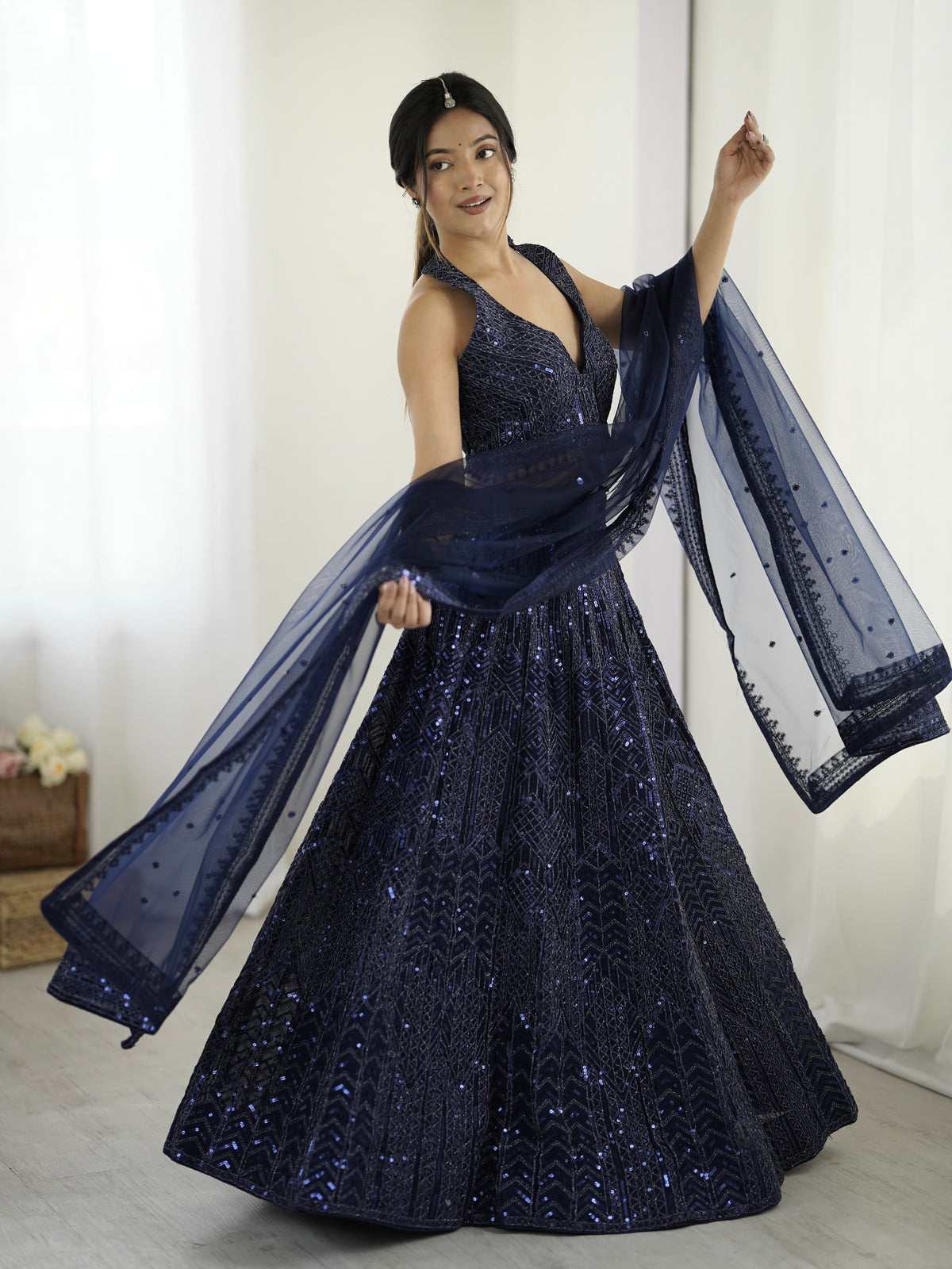 Navy Blue Sequin Lehenga Set for wedding