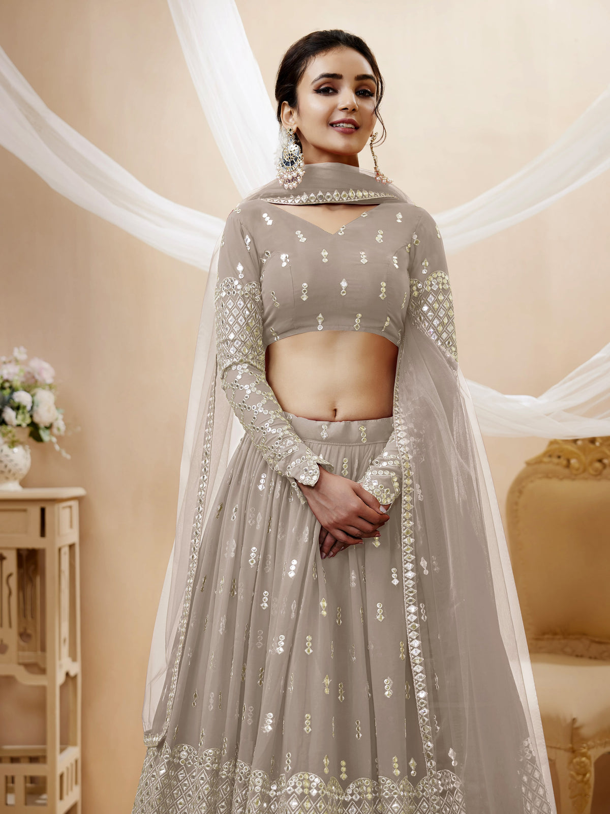 Taupe Grey Sequins Zari Embroidered Work Lehenga Choli Set for wedding and reception