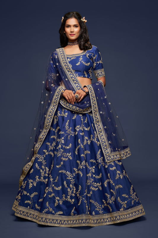 Royal Blue Embroidered Lehenga Choli Set with Net Dupatta