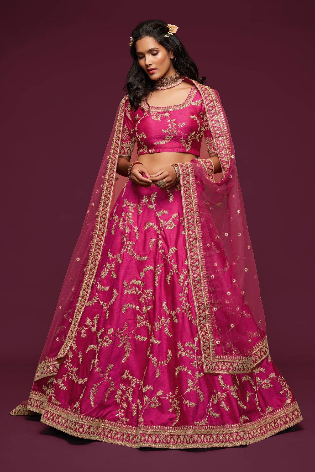 Hot Pink Embroidered Lehenga Choli Set with Net Dupatta