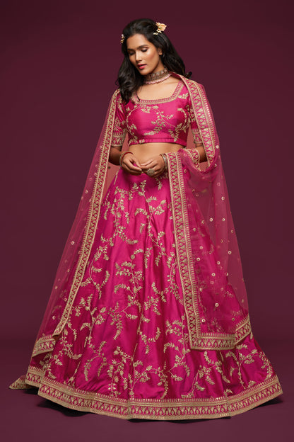 Hot Pink Embroidered Lehenga Choli Set with Net Dupatta