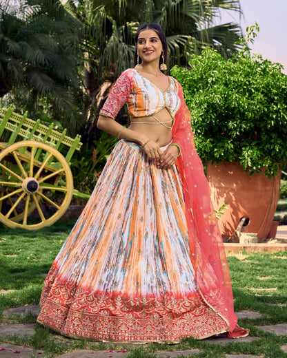 Multicolor Tie-Dye Lehenga with Pink Net Dupatta and Embroidered Border