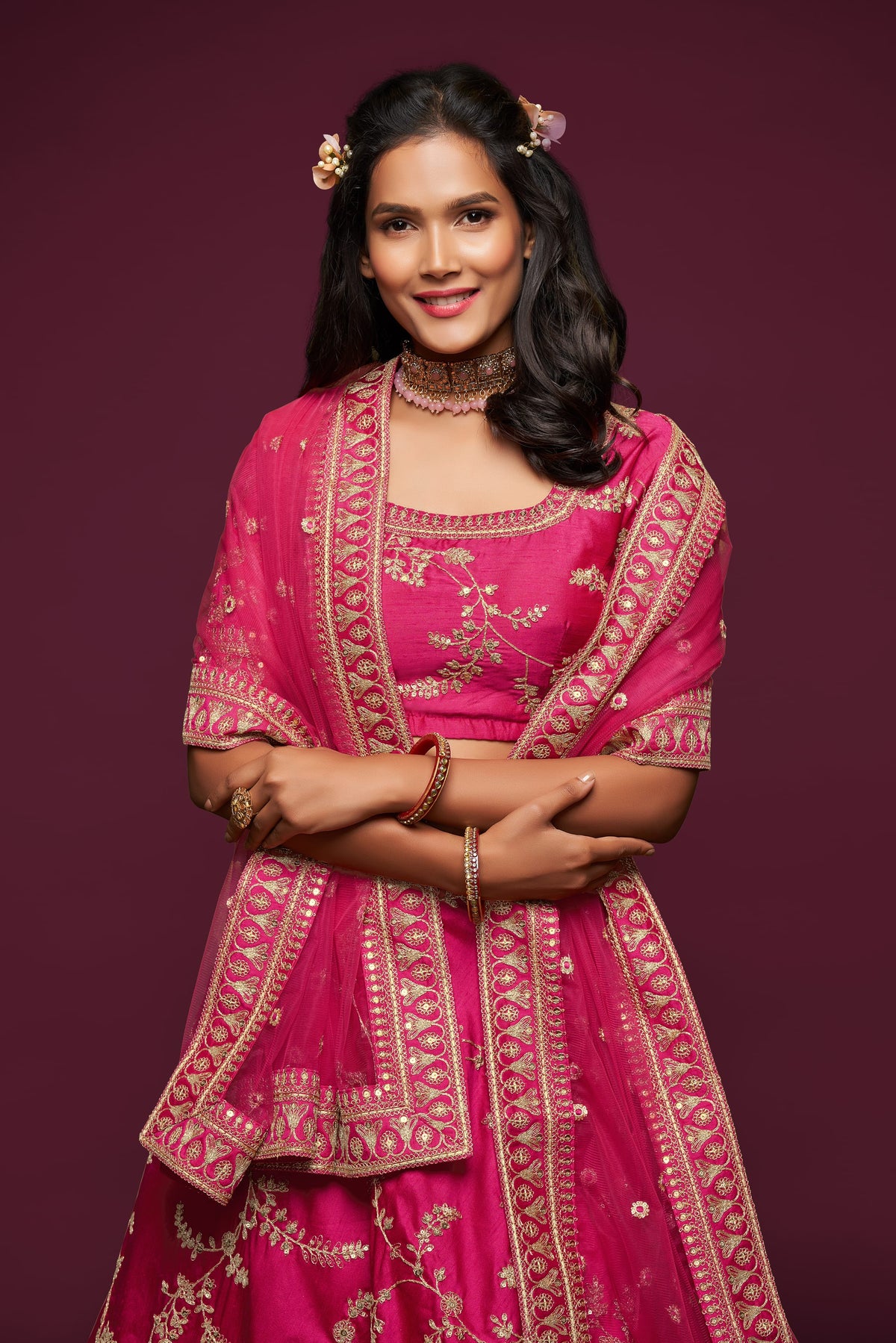 Hot Pink Embroidered Lehenga Choli Set with Net Dupatta