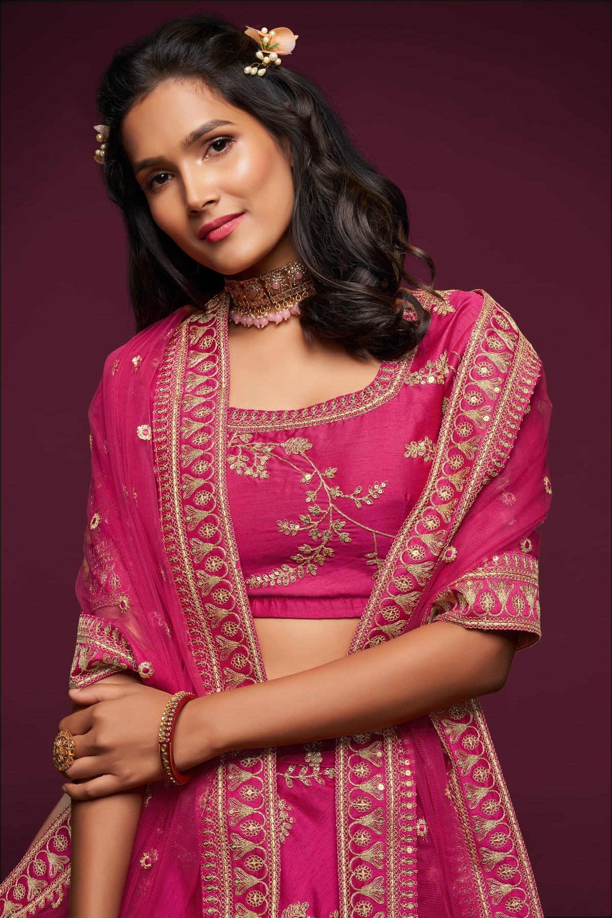 Hot Pink Embroidered Lehenga Choli Set with Net Dupatta
