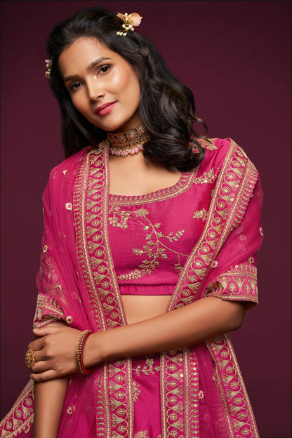 Hot Pink Embroidered Lehenga Choli Set with Net Dupatta