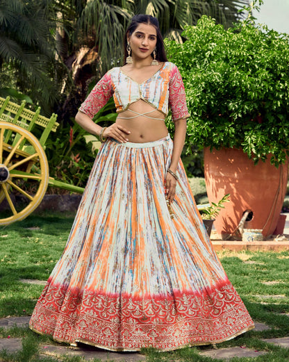 Multicolor Tie-Dye Lehenga with Pink Net Dupatta and Embroidered Border