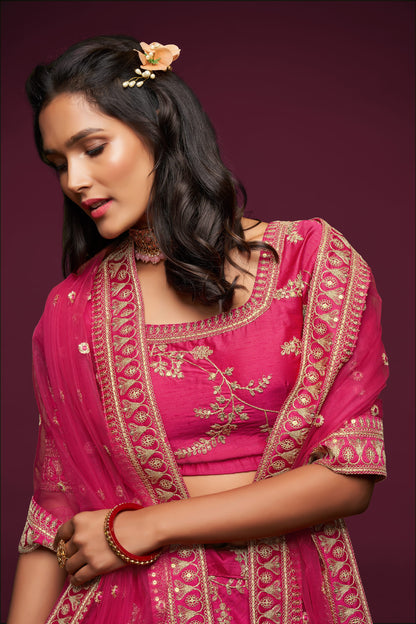 Hot Pink Embroidered Lehenga Choli Set with Net Dupatta