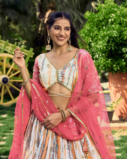 Multicolor Tie-Dye Lehenga with Pink Net Dupatta and Embroidered Border