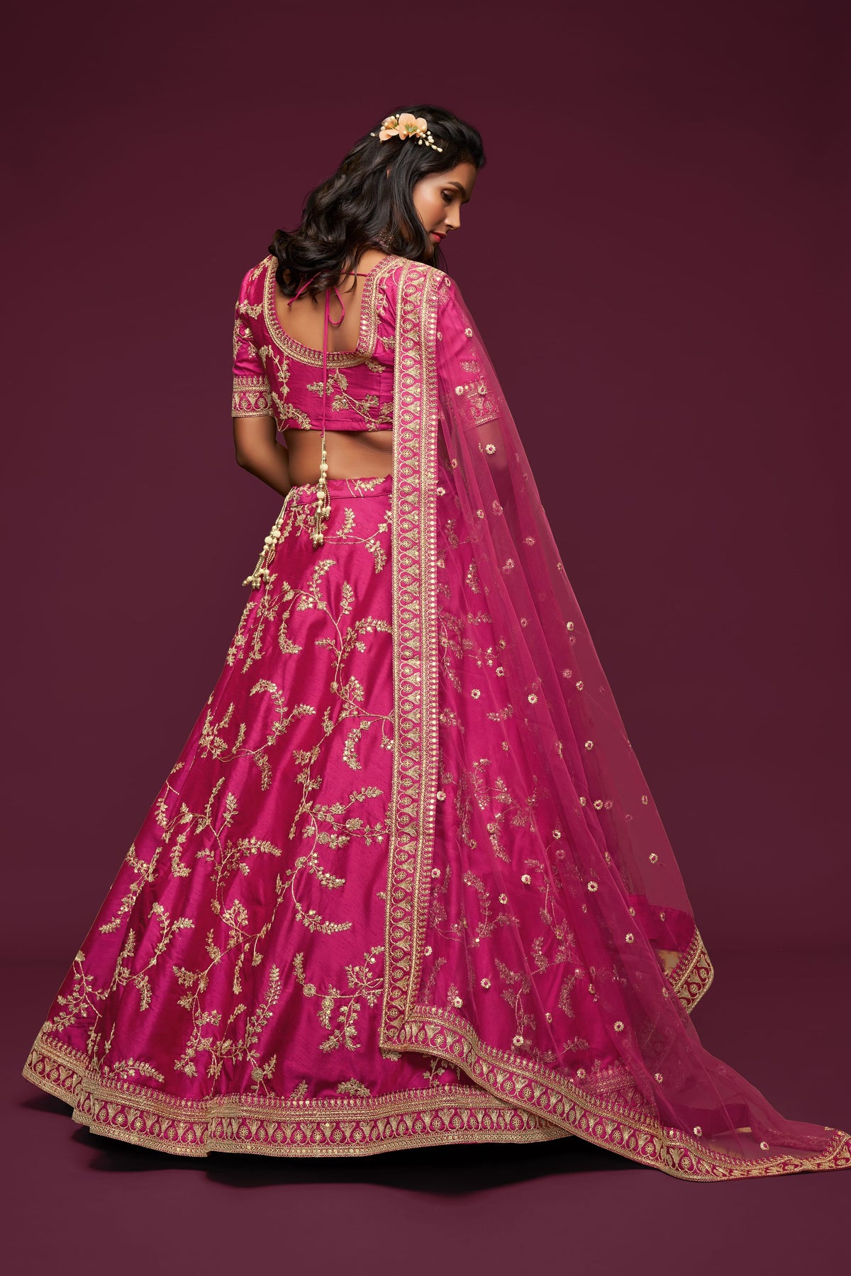 Hot Pink Embroidered Lehenga Choli Set with Net Dupatta