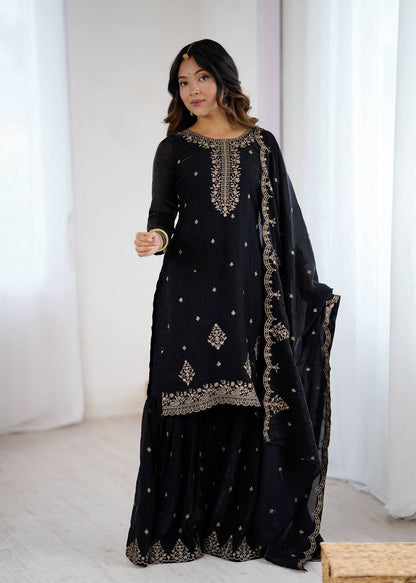 Party Wear Indian Black Embroidered Sharara Suit with Dupatta