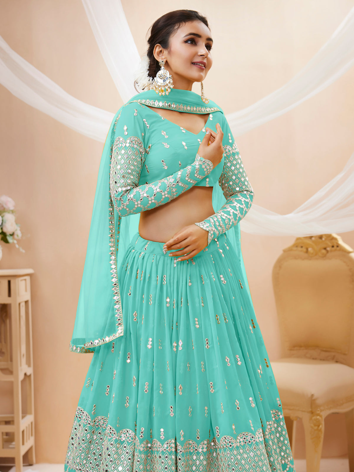 Aqua Blue Sequins Zari Embroidered Work Lehenga Choli Set for wedding and reception