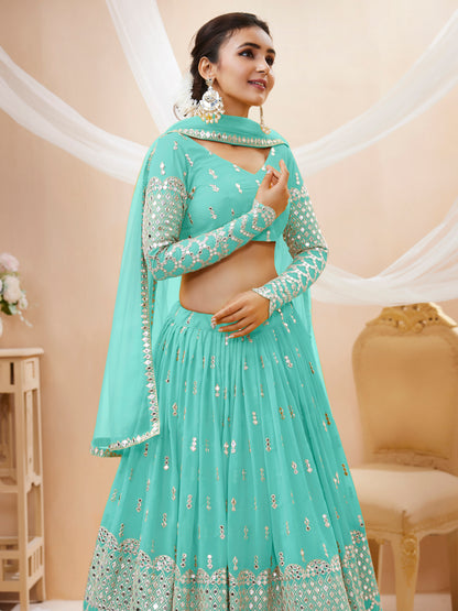 Aqua Blue Sequins Zari Embroidered Work Lehenga Choli Set for wedding and reception