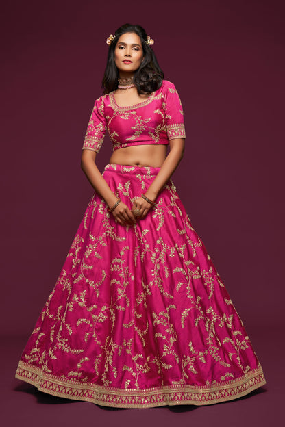 Hot Pink Embroidered Lehenga Choli Set with Net Dupatta