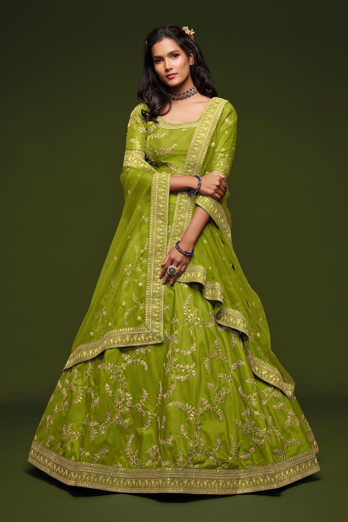 Lime Green Embroidered Lehenga Choli Set with Net Dupatta