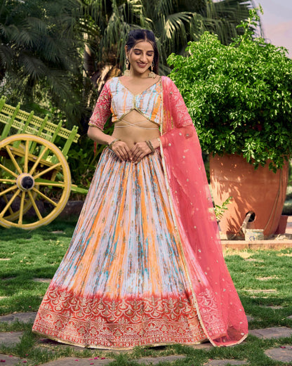 Multicolor Tie-Dye Lehenga with Pink Net Dupatta and Embroidered Border