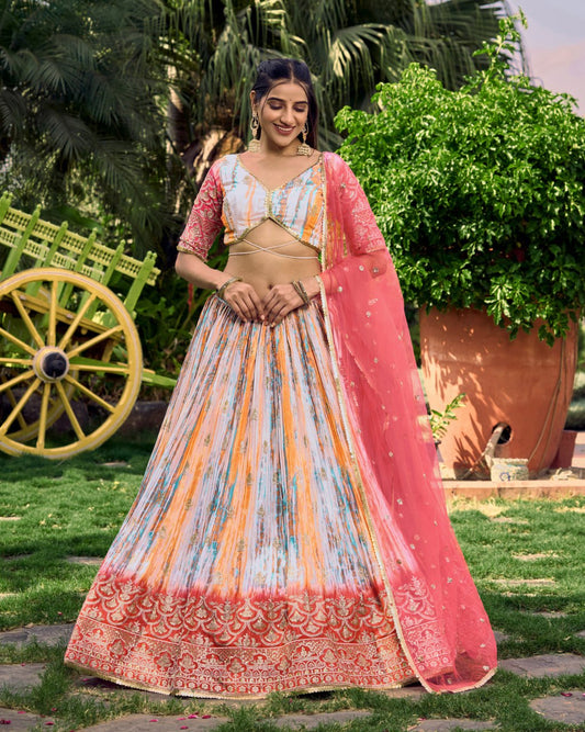 Multicolor Tie-Dye Lehenga with Pink Net Dupatta and Embroidered Border