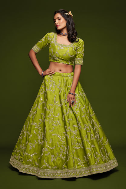 Lime Green Embroidered Lehenga Choli Set with Net Dupatta