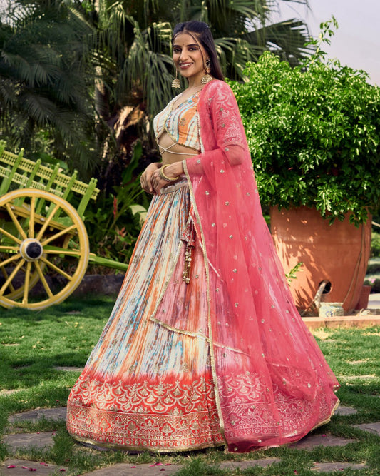 Multicolor Tie-Dye Lehenga with Pink Net Dupatta and Embroidered Border